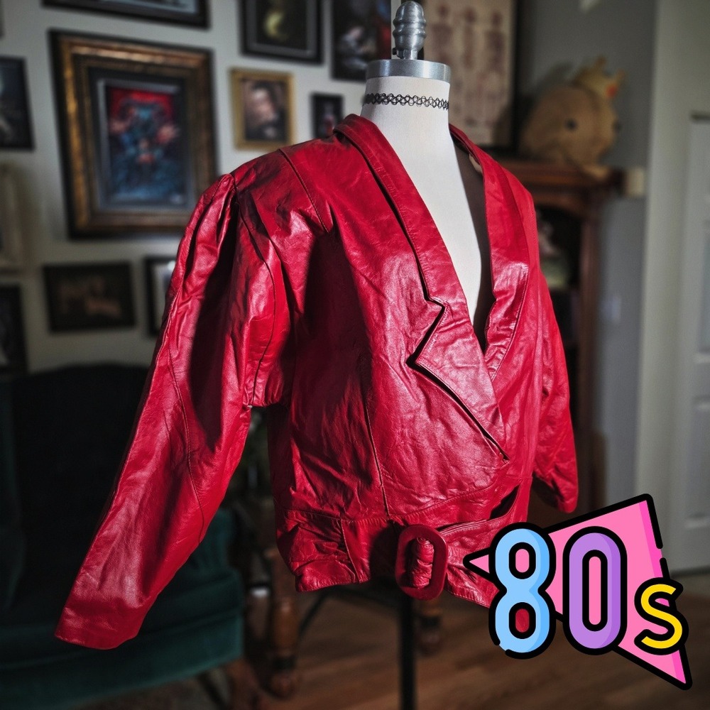 Vintage‎ 80s Sheri Martin Red Leather Wrap Belted Jacket Blazer